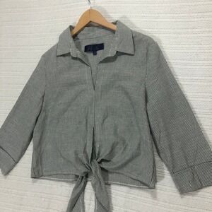 Blue Rain Tie-Front Crop‎ Top Striped 3/4 Sleeve Blouse Size L